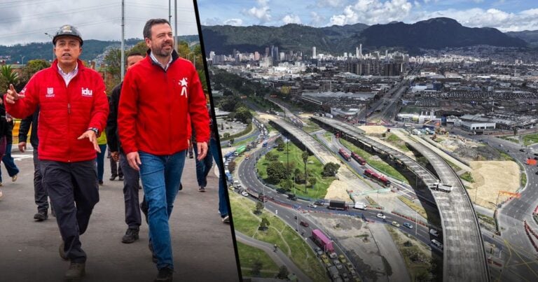 Las2orillas.co: Historias, voces y noticias de Colombia Split-screen: officials in red jackets walking on a road on the left, with a developing city highway and skyline on the right side. - Las2orillas.co: Historias, voces y noticias de Colombia