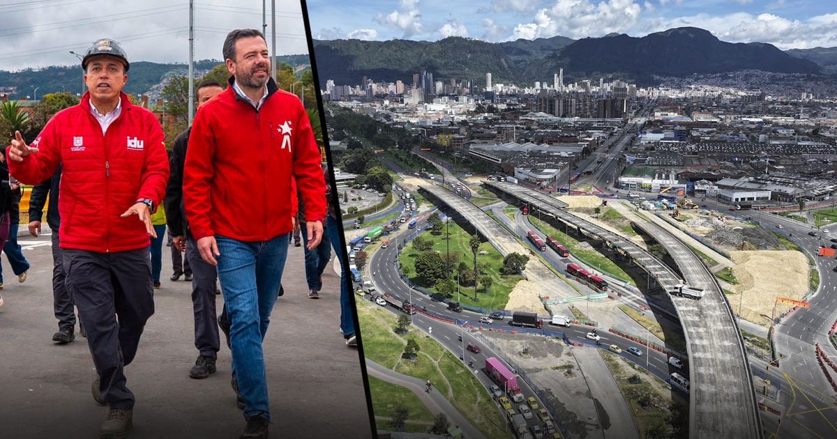 Split-screen: officials in red jackets walking on a road on the left, with a developing city highway and skyline on the right side. - Por qué ningún constructor se le mide a terminar la Calle 13, la licitación ha sido declarada desierta 4 veces