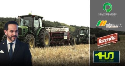 Man in a navy suit stands in a field with tractors lined up behind him and logos on the right panel, conveying a farming business scene. - El entusiasmo del Presidente De la Espriella con la Orinoquía que Minagricultura tiene que volver realidad