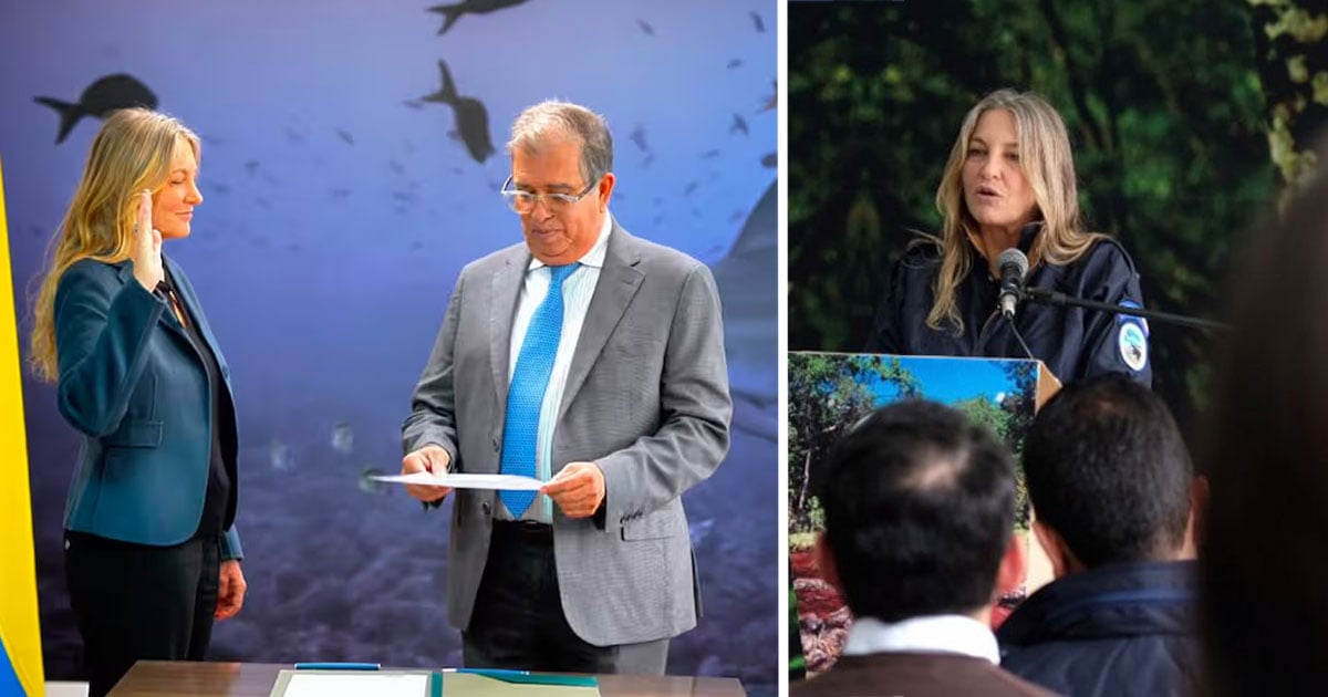 Left panel: a woman raises her right hand as a man in a gray suit reads papers at a signing table, signaling an oath ceremony. - Tras 20 años dedicada a salvar una isla remota del Pacífico, la bióloga Sandra Bessudo cuidará los 65 Parques Nacionales
