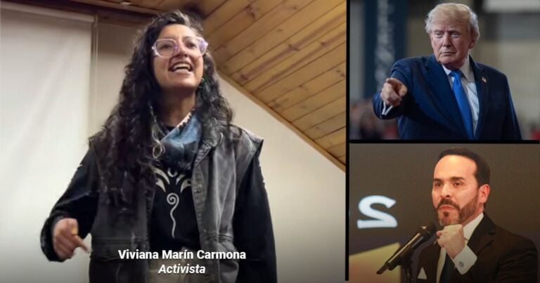 Las2orillas.co: Historias, voces y noticias de Colombia Left panel shows Viviana Marín Carmona, an activist, smiling on stage; top right features Donald Trump pointing; bottom right shows a man in a suit speaking into a microphone at a podium. - Las2orillas.co: Historias, voces y noticias de Colombia