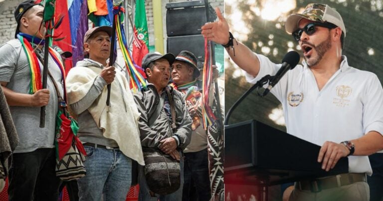 Las2orillas.co: Historias, voces y noticias de Colombia Split scene: left shows Indigenous people with colorful ribbons and banners at a gathering; right shows a man in a white shirt and cap speaking at a podium with a microphone. - Las2orillas.co: Historias, voces y noticias de Colombia