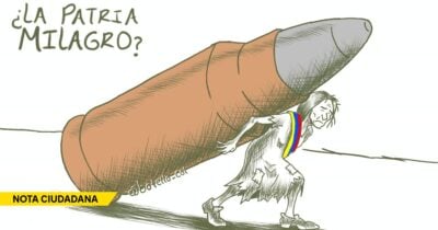 Satirical cartoon: a giant finger pins down a wounded, ragged person wearing a Ukraine flag ribbon; caption reads '¿La patria milagro?'. - Las2orillas.co: Historias, voces y noticias de Colombia