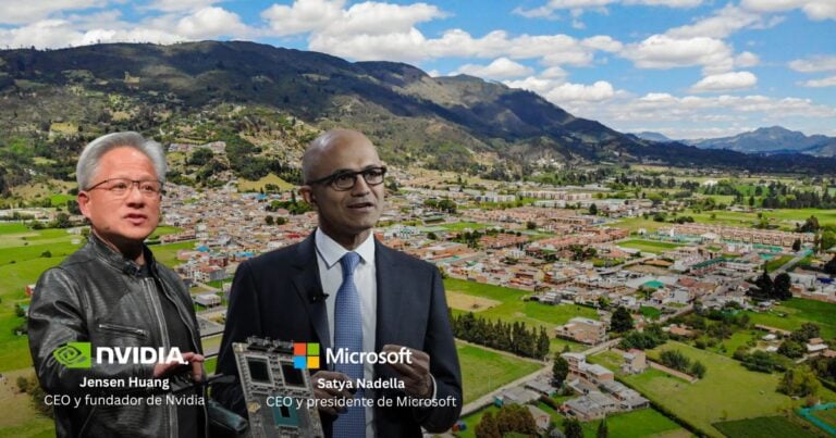 Las2orillas.co: Historias, voces y noticias de Colombia Two men in suits stand against a valley town backdrop with Nvidia and Microsoft logos and captions identifying Jensen Huang (CEO/founder of Nvidia) and Satya Nadella (CEO of Microsoft). - Las2orillas.co: Historias, voces y noticias de Colombia