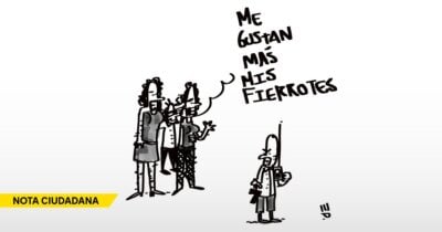 Cartoon showing a group of people arguing on the left and a single person with a tall object on the right; a speech bubble above the group contains Spanish text, and a yellow caption reads 'NOTA CIUDADANA'. - Las2orillas.co: Historias, voces y noticias de Colombia