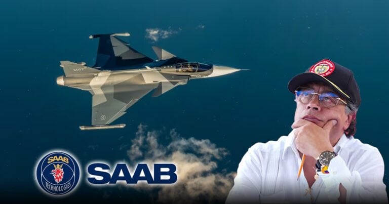 Las2orillas.co: Historias, voces y noticias de Colombia Fighter jet flying over clouds beside a SAAB Technologies logo and a man in a cap looking thoughtful. - Las2orillas.co: Historias, voces y noticias de Colombia