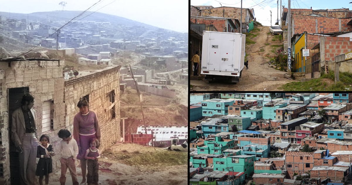 Collage showing a family outside a hillside village home with other houses on a slope; dusty, rural setting. - Esta es la historia de Potosí, el barrio de Ciudad Bolívar donde muchos le tienen miedo a caminar sus calles