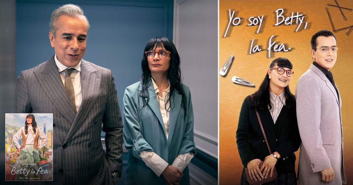 Two professionals in a hallway; inset poster left shows Betty la Fea and the right panel features a Betty la Fea promotional image. - La jugada de RCN contratando al elenco original de Betty la Fea para asegurar que la nueva temporada sea un éxito