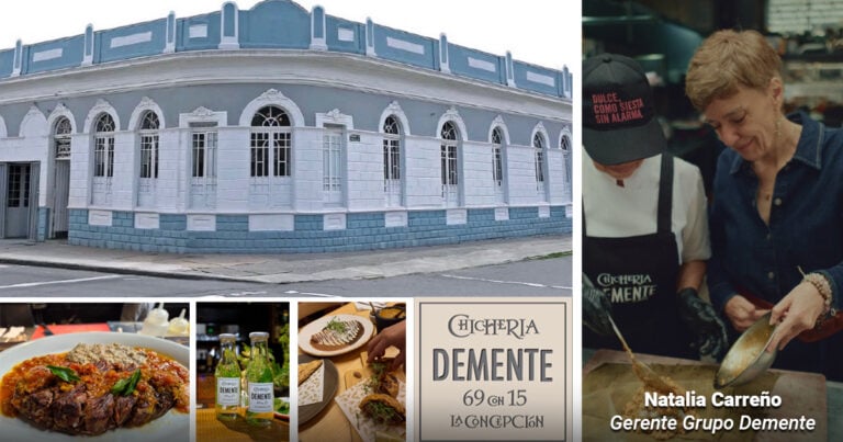 Las2orillas.co: Historias, voces y noticias de Colombia Collage showing a blue historic building exterior, a beef stew plate, bottled drinks, tapas, and a kitchen scene with a woman cooking beside a sign reading 'Chichería Demente' (TBD locale). - Las2orillas.co: Historias, voces y noticias de Colombia