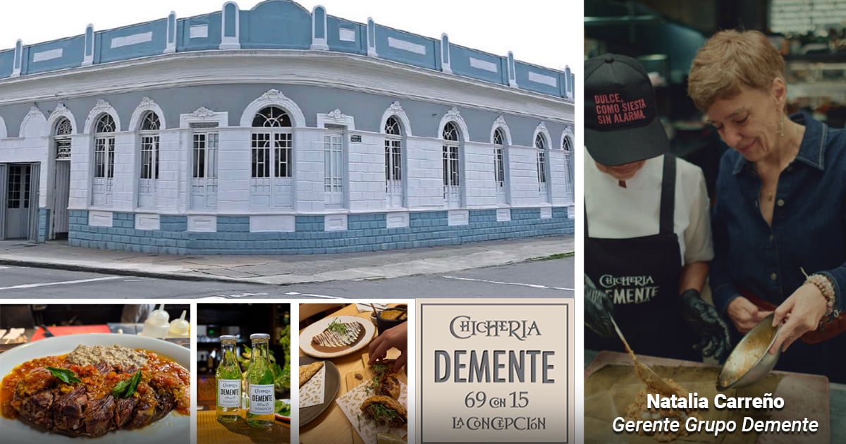 Collage showing a blue historic building exterior, a beef stew plate, bottled drinks, tapas, and a kitchen scene with a woman cooking beside a sign reading 'Chichería Demente' (TBD locale). - Demente, el grupo gastronómico que puso de moda la chicha y el aguardiente con sus restaurantes en Bogotá