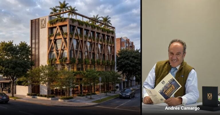 Las2orillas.co: Historias, voces y noticias de Colombia Two-panel image: left shows a modern multi-story building with wooden lattice and greenery on balconies along a tree-lined street; right shows a man in a vest and blue shirt seated at a desk, reading a brochure with the name Andrés Camargo visible. - Las2orillas.co: Historias, voces y noticias de Colombia