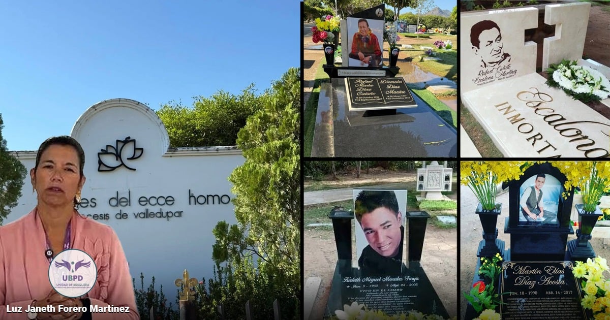 Collage showing a woman in a pink blazer at a memorial wall, and four gravestones with portraits and flowers. - El terrible secreto que escondía el cementerio donde están enterrados Diomedes Díaz, Escalona y Martín Elías