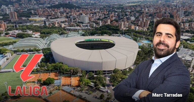 Las2orillas.co: Historias, voces y noticias de Colombia Aerial view of a large circular stadium with a cityscape; LALIGA logo bottom left and a man in a suit on the right. - Las2orillas.co: Historias, voces y noticias de Colombia