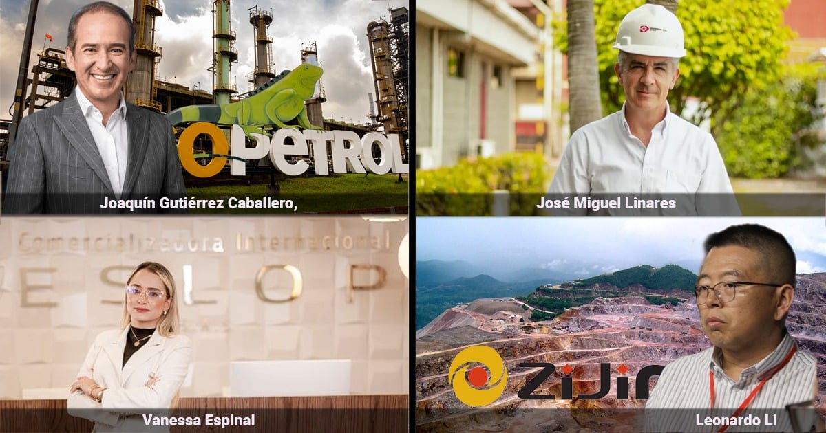 Joaquín Gutiérrez Caballero smiling in front of an oil refinery and company sign backdrop | petroleum industry setting, corporate portrait on a collage panel - Los cafeteros liderados por German Bahamón son los segundos exportadores superando a petroleros y mineros