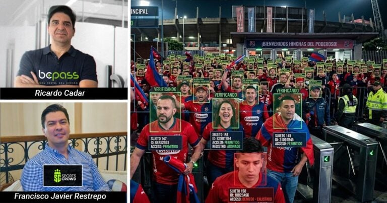 Las2orillas.co: Historias, voces y noticias de Colombia Left column shows two men with labels: 'Ricardo Cadar' and 'Francisco Javier Restrepo' from SportsCrowd, against simple backgrounds. Right side shows a large crowd at a stadium with green 'VERIFICANDO' boxes and biometric ID tags capturing faces at a security checkpoint. - Las2orillas.co: Historias, voces y noticias de Colombia