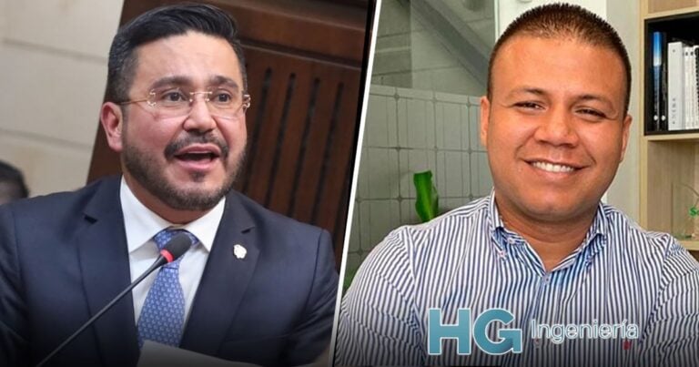 Two men shown side by side: left man in a suit speaking at a microphone, right man in a striped shirt smiling in an office setting with HG Ingeniería text nearby. - Las2orillas.co: Historias, voces y noticias de Colombia