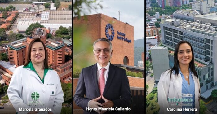 Triptych of healthcare professionals: left, Dr. Marcela Granados in a white coat; center, Henry Mauricio Gallardo in a suit; right, Dr. Carolina Herrera in a white coat, with their buildings in the background. - Las2orillas.co: Historias, voces y noticias de Colombia