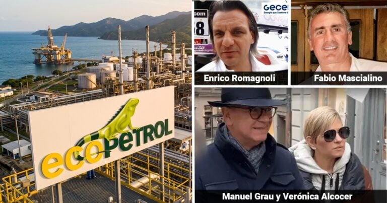 Las2orillas.co: Historias, voces y noticias de Colombia EcoPetrol oil refinery complex by the sea, with tanks, pipes and a coastal landscape in the background (collage left). Enrico Romagnoli portrait. Fabio Mascialino portrait. Manuel Grau and Verónica Alcocer walking outdoors, wearing coats and sunglasses. - Las2orillas.co: Historias, voces y noticias de Colombia