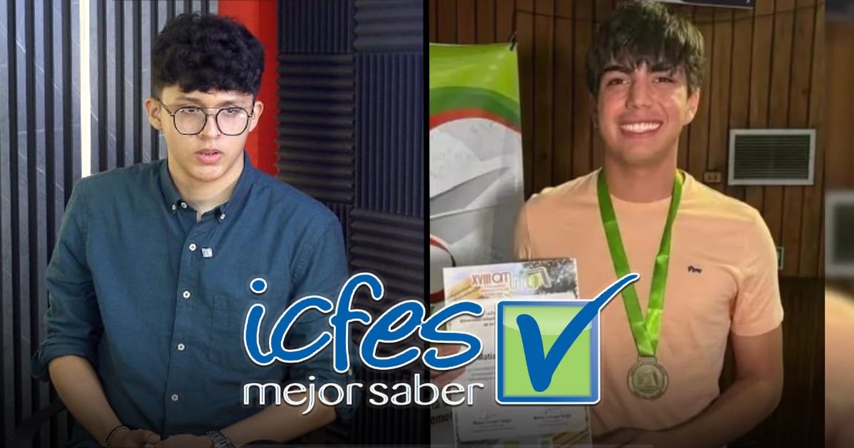 Split-screen photo of two students: left, a young man in a blue shirt and glasses in a studio; right, a smiling young man with a medal and certificate, celebrating, with the icfes mejor saber logo and a green checkmark overlay. - Por segundo año consecutivo, un cucuteño consigue la hazaña de obtener un ICFES perfecto