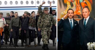 Las2orillas.co: Historias, voces y noticias de Colombia Left: a group of soldiers in camouflage marching away from a military aircraft, one raising both fists; right: two men in dark suits posing in a formal room with a painting behind them. - Las2orillas.co: Historias, voces y noticias de Colombia