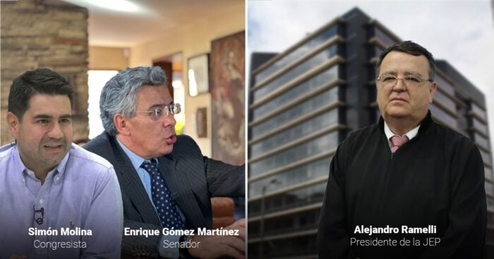 Left panel shows two men: one in a light shirt listening, the other in a suit speaking; captions read Congresista and Senador. Right panel shows a man in a dark jacket in front of a modern building; caption reads Presidente de la JEP. - Las2orillas.co: Historias, voces y noticias de Colombia