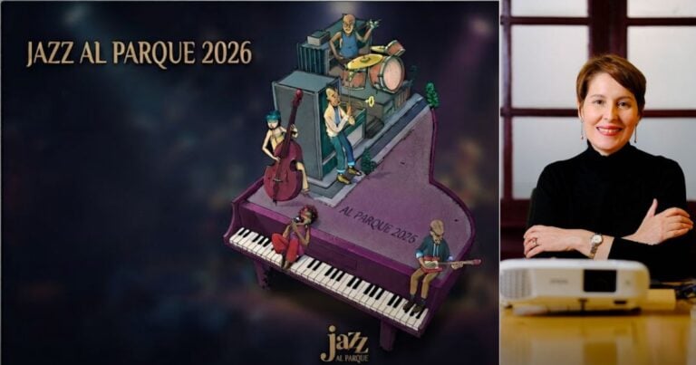 Las2orillas.co: Historias, voces y noticias de Colombia Poster for Jazz al Parque 2026 showing a purple stylized piano with illustrated musicians; a smiling woman in a black turtleneck sits at a desk with a projector nearby. - Las2orillas.co: Historias, voces y noticias de Colombia