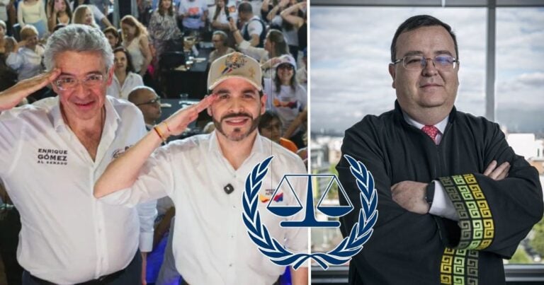 Las2orillas.co: Historias, voces y noticias de Colombia Composite image: left side shows two men saluting a cheering crowd, one in a white shirt with embroidery, the other in a white cap; right side shows a man in a black judicial robe with gold trim, arms crossed; a blue scales-and-laurel emblem sits in the center. - Las2orillas.co: Historias, voces y noticias de Colombia