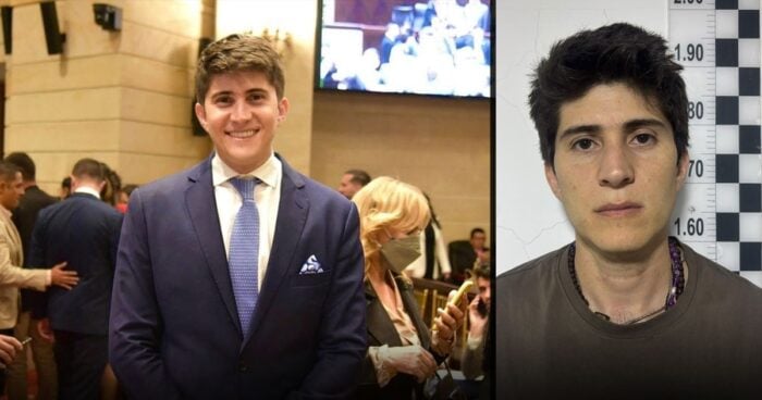 Left: smiling young man in a navy suit at a formal event; right: young man in a gray shirt photographed like a mugshot with a height chart behind. - Las2orillas.co: Historias, voces y noticias de Colombia