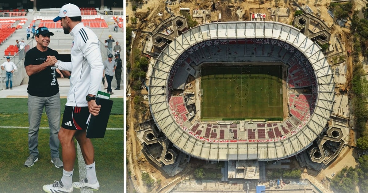 Split image: left shows a football player in white shaking hands with a man on the field; right shows an aerial view of an oval stadium under construction with a green pitch. - Los constructores detrás de la millonaria remodelación del Estadio Metropolitano de Barranquilla