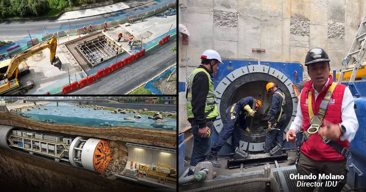 Collage of tunnel construction: excavator at a deep shaft, a TBM cross-section with crew, and workers around a large tunnel machine. - Quién es Carmen, la tuneladora alemana que reduce el trabajo de 2 años a tan solo 10 meses en la carrera séptima