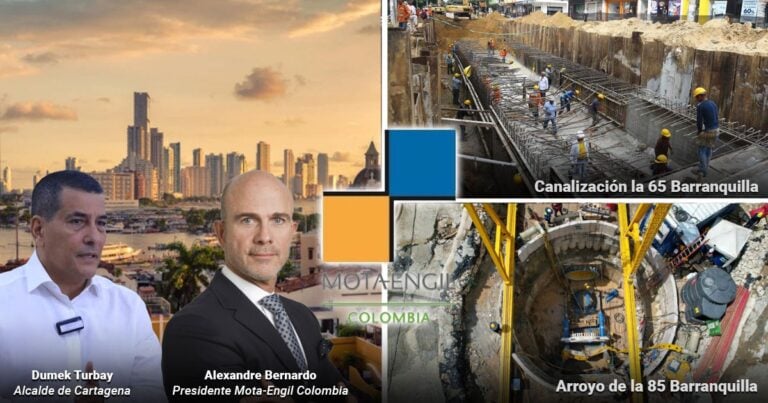 Las2orillas.co: Historias, voces y noticias de Colombia Collage showing Cartagena city skyline, two officials Dumek Turbay and Alexandre Bernardo, with a Mota-Engil Colombia logo and branding in the foreground. - Las2orillas.co: Historias, voces y noticias de Colombia