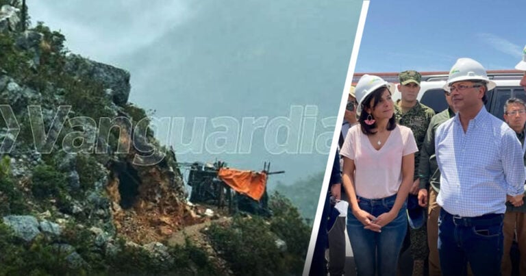 Split image: left side shows a rocky hillside landslide with a toppled helicopter and an orange tarp; right side shows officials in hard hats talking near a vehicle. - La santandereana detrás de la tutela que tumbó el decreto con el que Petro quiso detener la minería en Santurbán