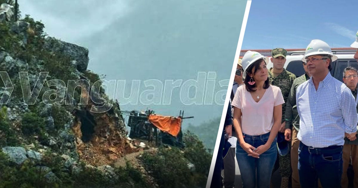 Split image: left side shows a rocky hillside landslide with a toppled helicopter and an orange tarp; right side shows officials in hard hats talking near a vehicle. - La santandereana detrás de la tutela que tumbó el decreto con el que Petro quiso detener la minería en Santurbán