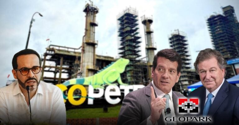 Las2orillas.co: Historias, voces y noticias de Colombia Collage of a man speaking at a press conference on the left and two businessmen on the right in front of an industrial refinery with a Geopark logo overlay. - Las2orillas.co: Historias, voces y noticias de Colombia