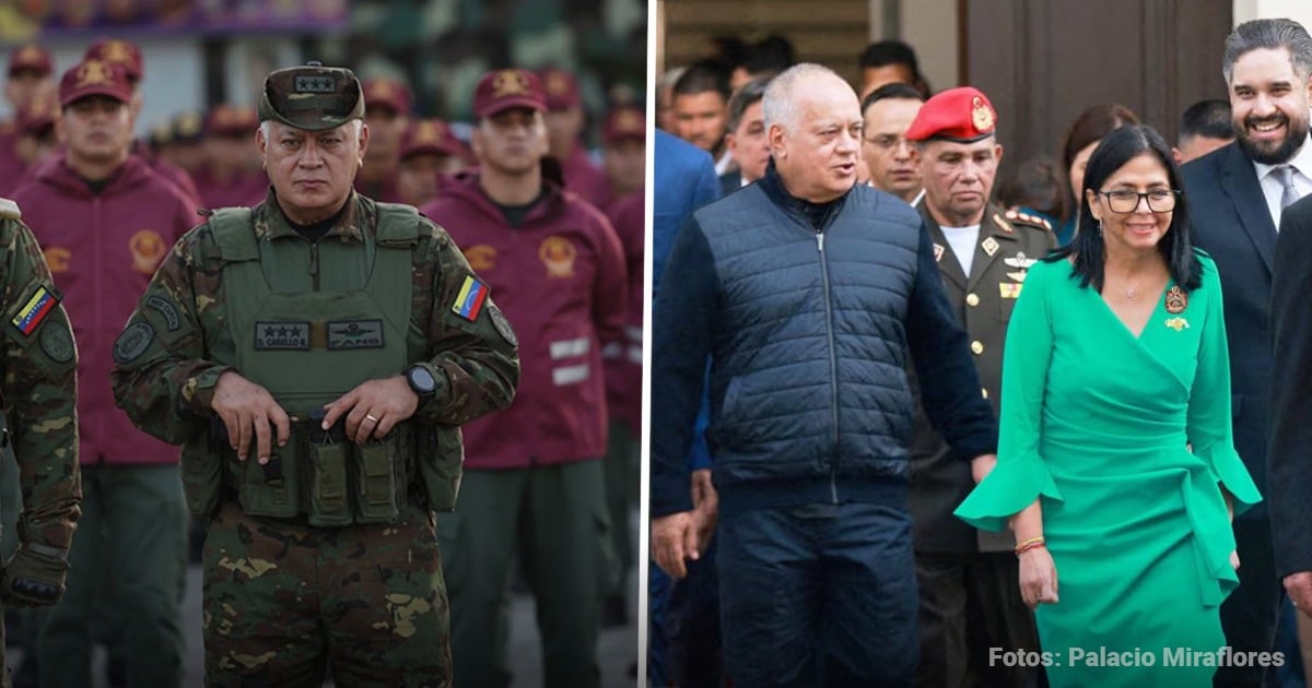 Split image: left shows a stern military officer in camouflage vest with troops in maroon jackets; right shows a man in a blue vest and a woman in a bright green dress among officials. - El derrumbe de Diosdado Cabello, quien ahora podría terminar en una cárcel en Santiago de Chile vinculado a un asesinato