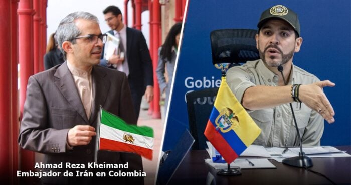 Split image: left a man in a suit holding an Iranian flag; right a man at a press briefing gesturing, with the Colombian flag on the desk - Las2orillas.co: Historias, voces y noticias de Colombia