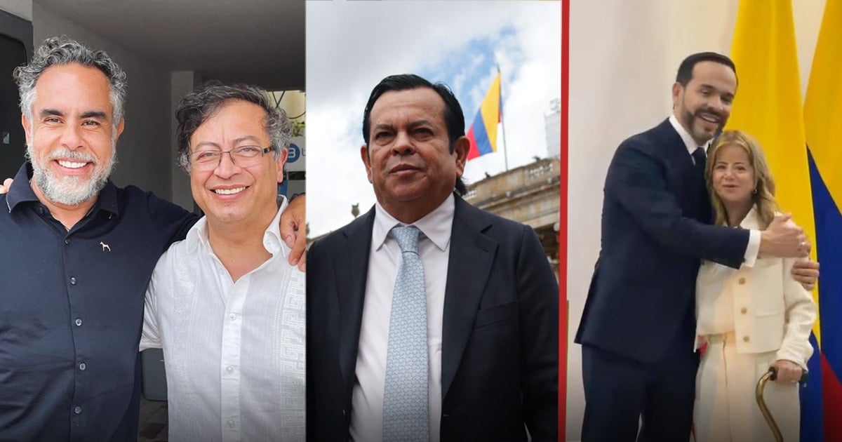 Three-panel collage of public figures posing in different settings: left with two smiling men, middle a formally dressed man, right a man embracing a woman at a ceremony with flags in the background. - Se le acabó la fiesta a Euclides Torres, el financiador de Petro y Benedetti, con sus negocios alrededor del tránsito