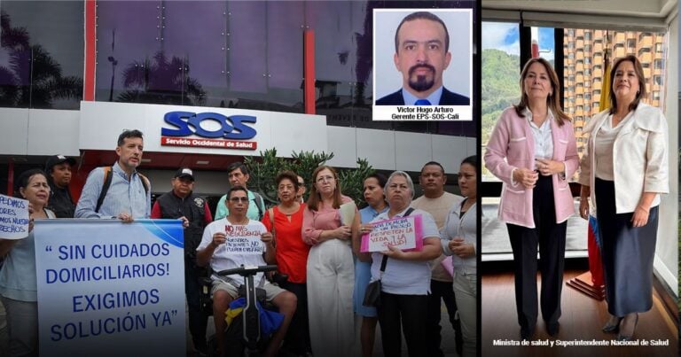 Las2orillas.co: Historias, voces y noticias de Colombia Group of people protest outside a health clinic holding a banner reading 'Sin cuidados domiciliarios! Exigimos solución ya'; an inset portrait of a man labeled Victor Hugo Arturo appears in the top corner. - Las2orillas.co: Historias, voces y noticias de Colombia