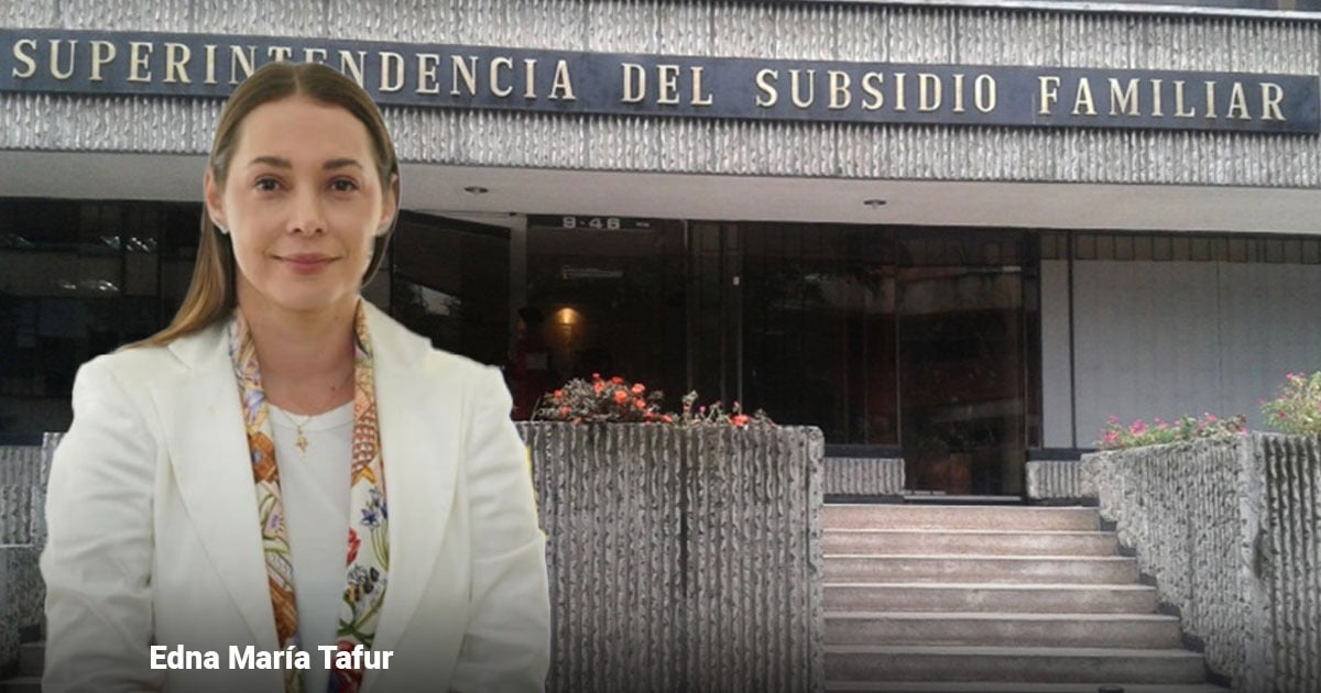 Portrait of a woman in a white blazer standing outside a government building with a sign reading 'Superintendencia del Subsidio Familiar'. The name Edna María Tafur appears on the image edge. - Once cajas de compensación familiar bajo medidas de control: la tarea de Edna María Tafur Mejía