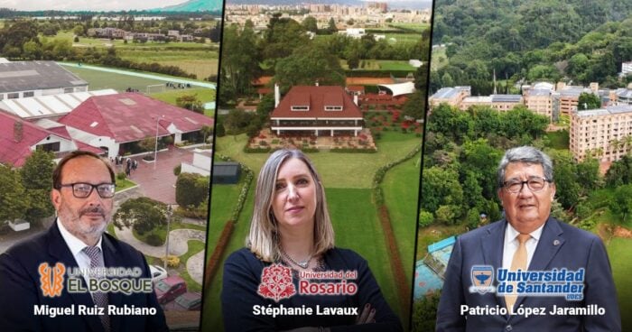 Las2orillas.co: Historias, voces y noticias de Colombia Three-panel collage of university leaders with campus backdrops: Miguel Ruiz Rubiano (Universidad El Bosque) on the left, Stéphanie Lavaux (Universidad del Rosario) in the center, and Patricio López Jaramillo (Universidad de Santander) on the right, with each logo visible on their panels. - Las2orillas.co: Historias, voces y noticias de Colombia