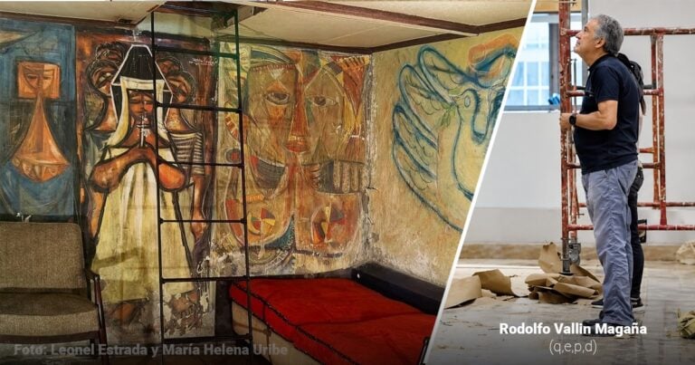 Las2orillas.co: Historias, voces y noticias de Colombia Split scene: left shows a mural-covered room with a metal ladder and a red bed, right shows a man in casual clothing looking up at scaffolding during renovation. - Las2orillas.co: Historias, voces y noticias de Colombia