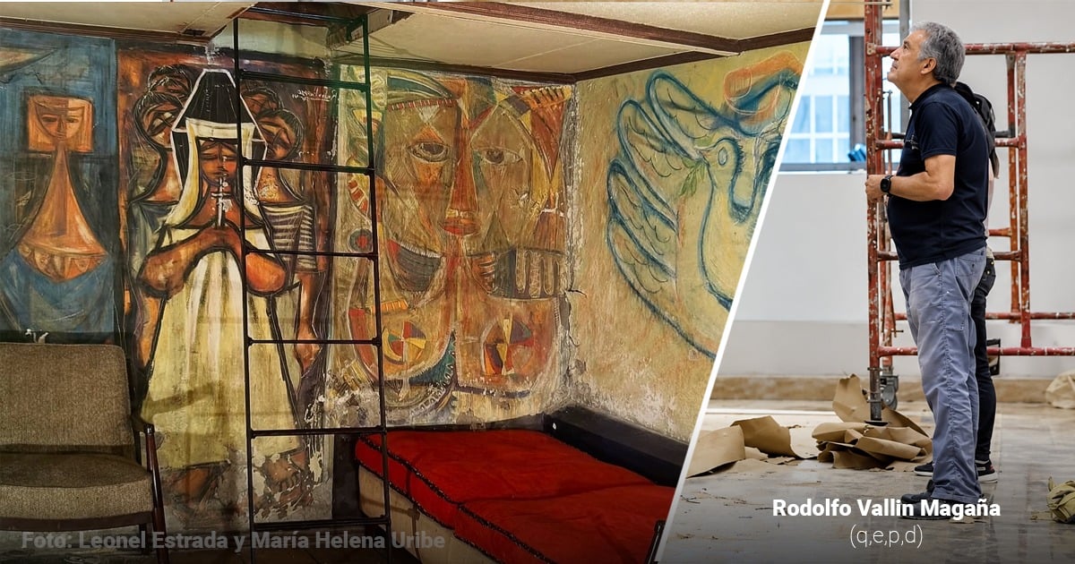 Split scene: left shows a mural-covered room with a metal ladder and a red bed, right shows a man in casual clothing looking up at scaffolding during renovation. - Fue un mexicano quien rescató de un sótano en Medellín los primeros murales que pintaron Botero y Obregón