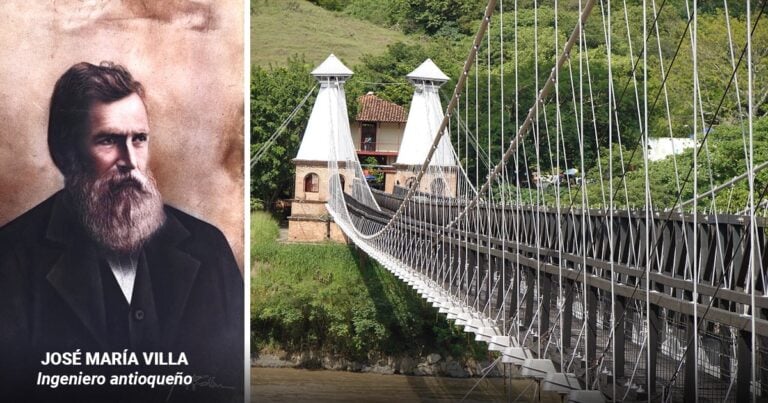 Las2orillas.co: Historias, voces y noticias de Colombia Two-panel image: left shows a bearded man in a formal coat with the caption 'Ingeniero antioqueño'; right shows a long cable-suspension bridge over a river with green hills in the background. - Las2orillas.co: Historias, voces y noticias de Colombia