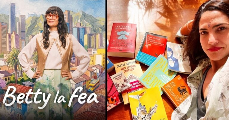 Las2orillas.co: Historias, voces y noticias de Colombia Split image: left side shows a woman with red glasses posing before a colorful city mural and 'Betty la fea' text; right side shows a smiling woman with a desk full of scattered books. - Las2orillas.co: Historias, voces y noticias de Colombia