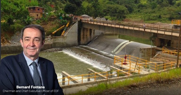 Las2orillas.co: Historias, voces y noticias de Colombia Portrait of Bernard Fontana in a dark suit with a hydroelectric dam in the background; caption reads 'Bernard Fontana, Chairman and Chief Executive Officer of EDF'. - Las2orillas.co: Historias, voces y noticias de Colombia