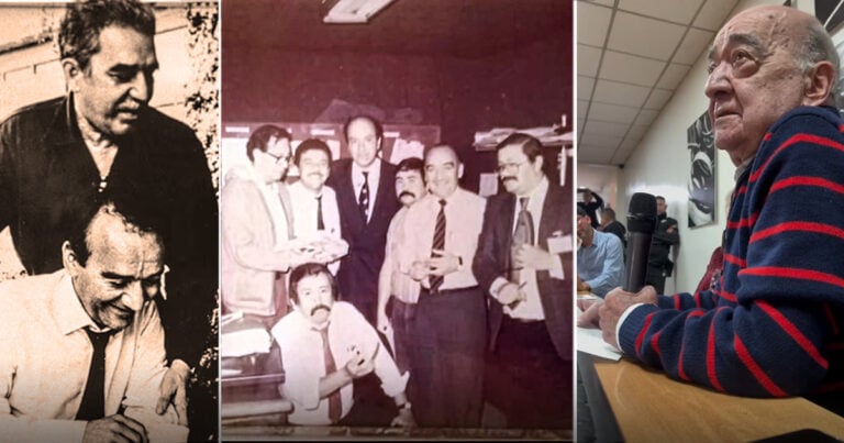 Las2orillas.co: Historias, voces y noticias de Colombia Triptych collage: left two men at a desk, middle group of men in an office, right elderly man with a microphone at a meeting - Las2orillas.co: Historias, voces y noticias de Colombia