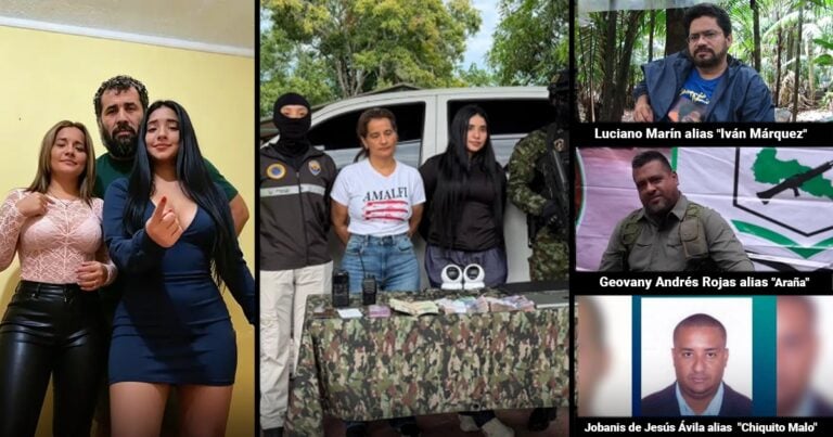 Las2orillas.co: Historias, voces y noticias de Colombia Collage with three vertical panels: left shows three people posing indoors, middle shows a group beside a camouflaged table with seized items and weapons, right column features three stacked panels with men and a mugshot, each captioned with aliases. - Las2orillas.co: Historias, voces y noticias de Colombia
