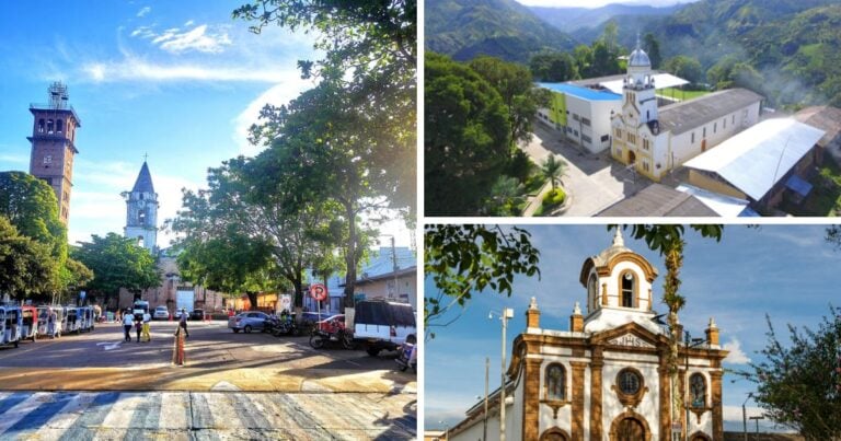 Las2orillas.co: Historias, voces y noticias de Colombia Collage showing a town square with two church towers, trees, parked cars, and people. Left panel dominates the scene under a blue sky. - Las2orillas.co: Historias, voces y noticias de Colombia