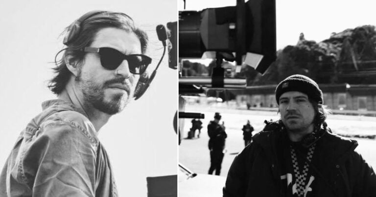Las2orillas.co: Historias, voces y noticias de Colombia Two film crew members on a black-and-white set: left, a man with sunglasses and a headset; right, a man in a beanie near a camera crane by a road. - Las2orillas.co: Historias, voces y noticias de Colombia