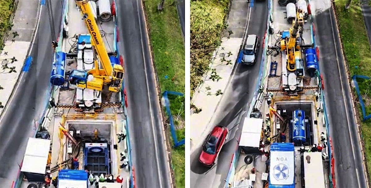 Quién es Carmen, la tuneladora alemana que reduce el trabajo de 2 años a tan solo 10 meses en la carrera séptima Aerial view of a road construction site with a yellow crane, heavy equipment, and workers around a trench between lanes on a divided street. - Quién es Carmen, la tuneladora alemana que reduce el trabajo de 2 años a tan solo 10 meses en la carrera séptima